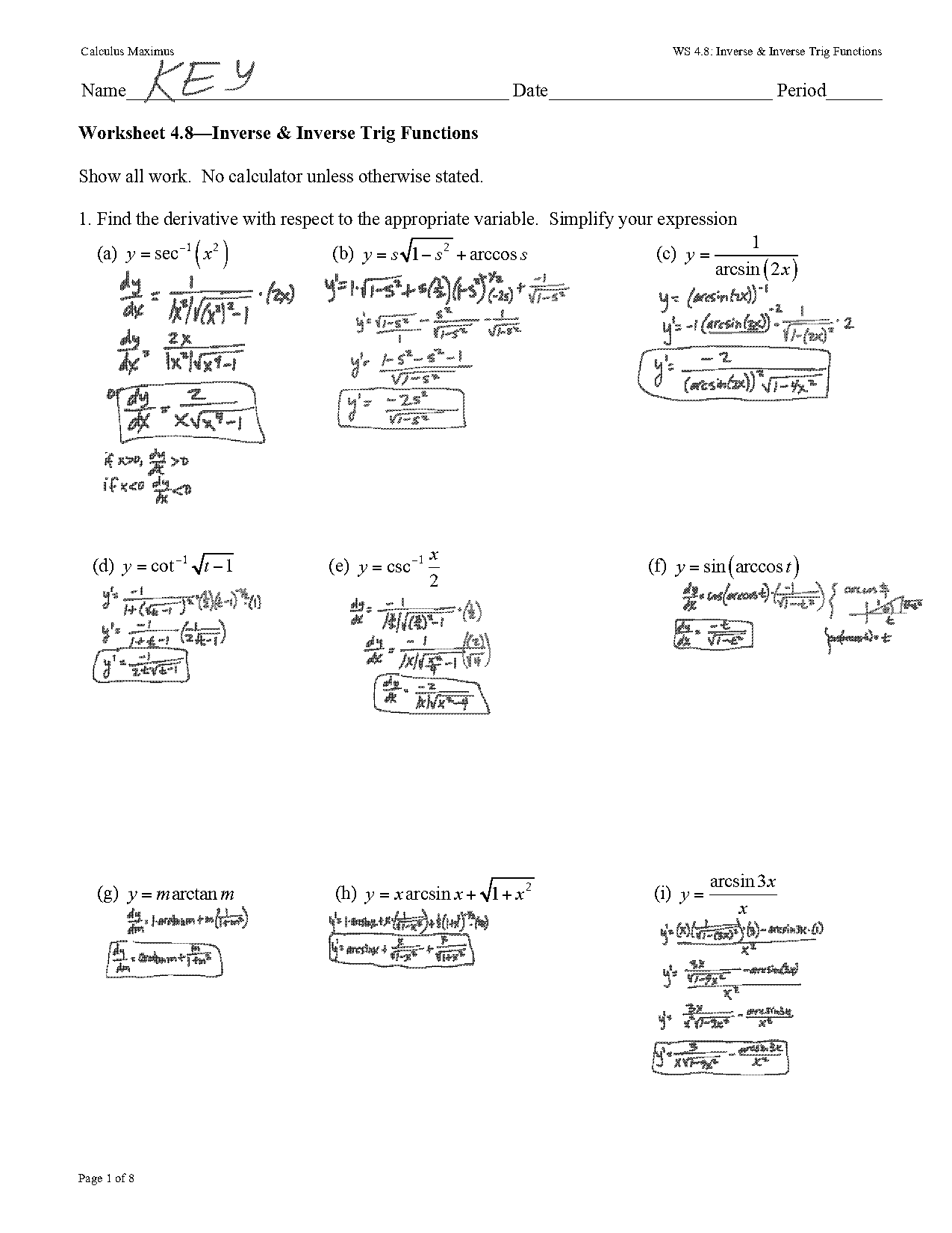 calculus worksheet on inverse trig functions