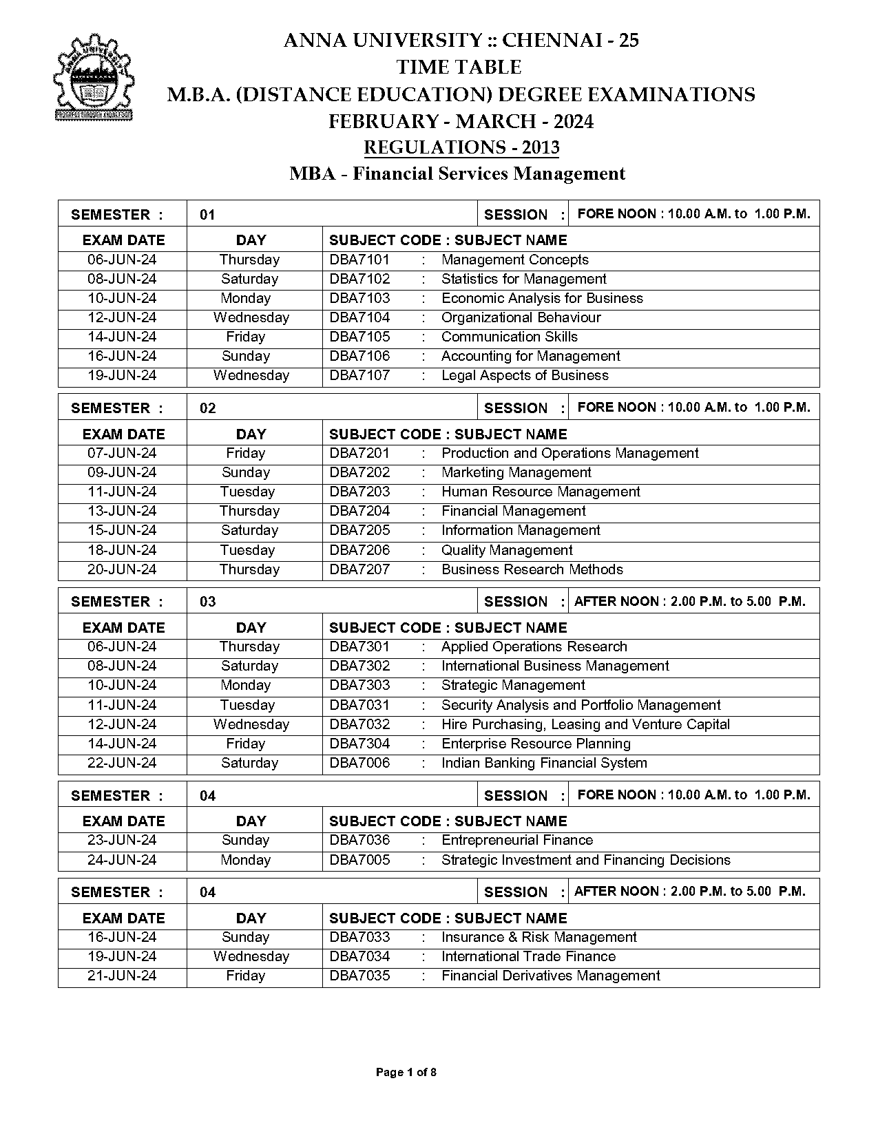 anna university new updates time table