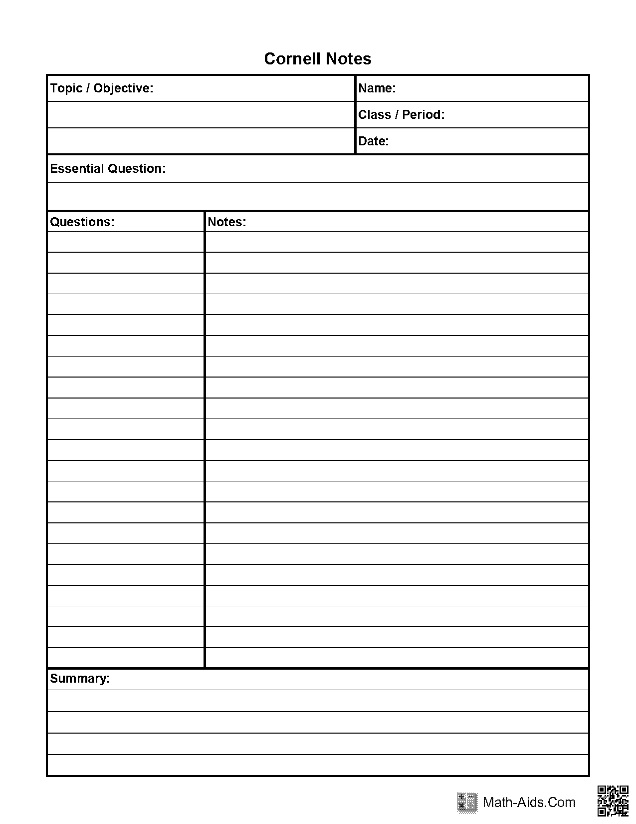 cornell notes graph paper template