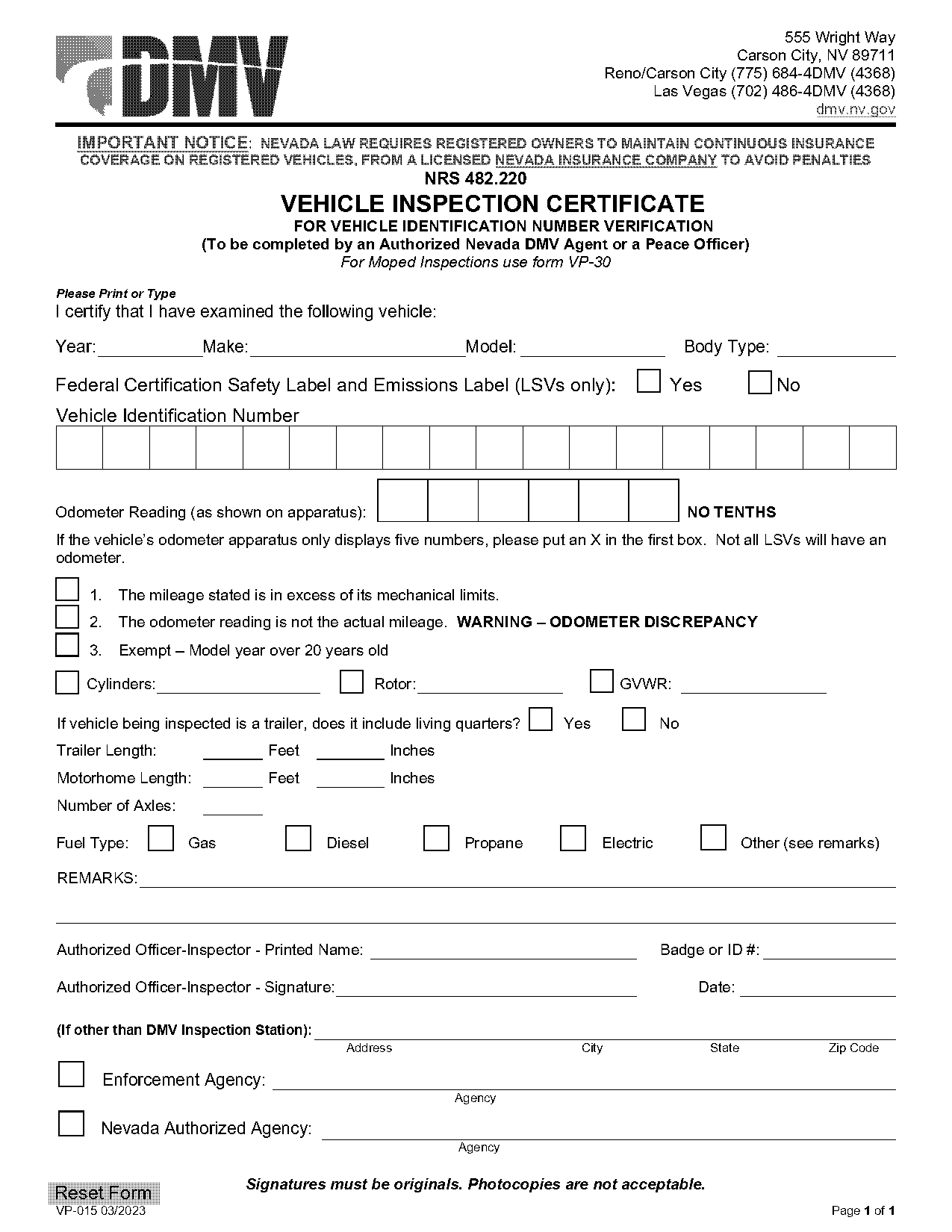 form for notice inspect vehicle