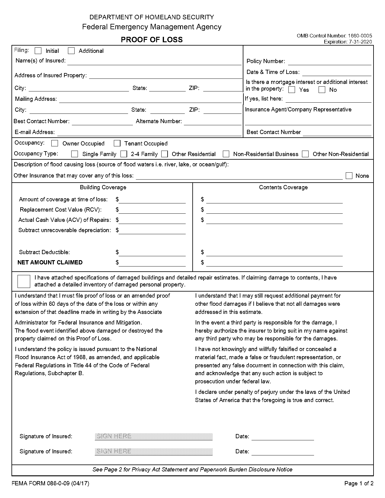 proof of loss form sample