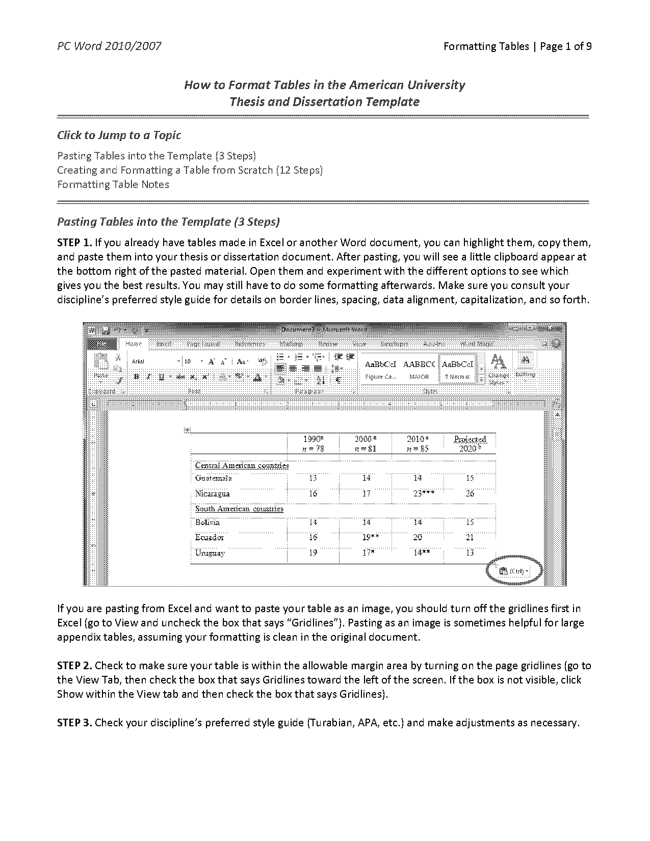 how to decide size of table in word