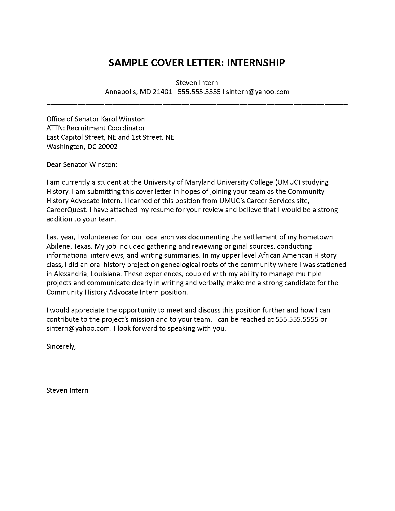 cover letter for an internship sample