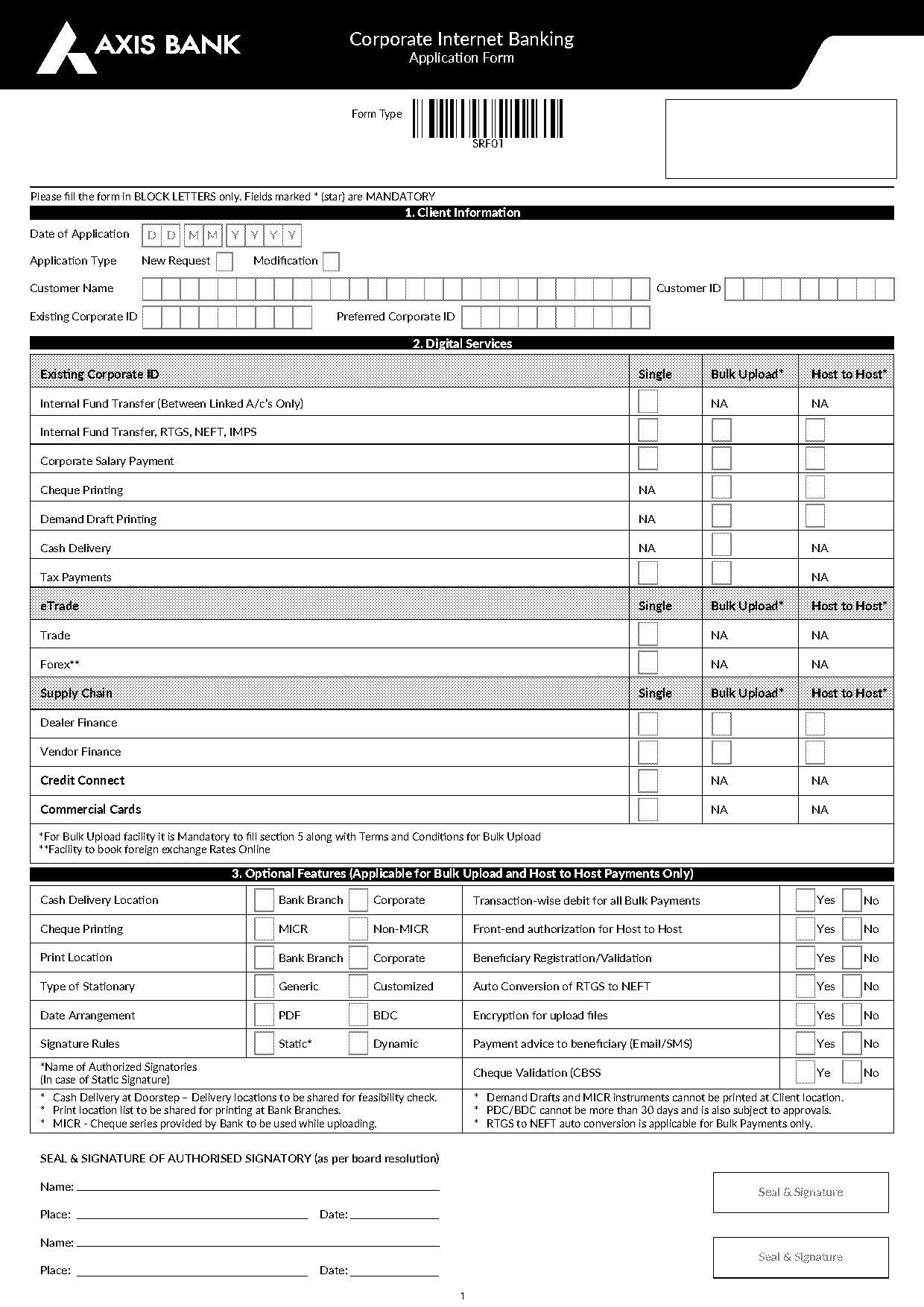 axis bank form for internet banking