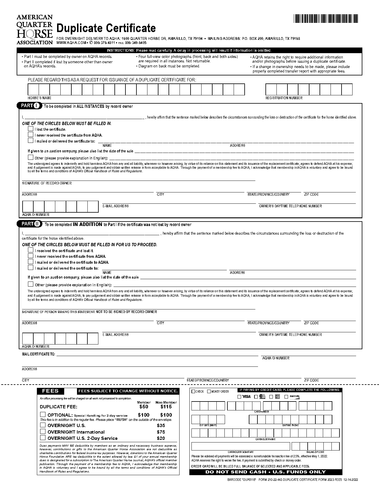 aqha duplicate certificate form