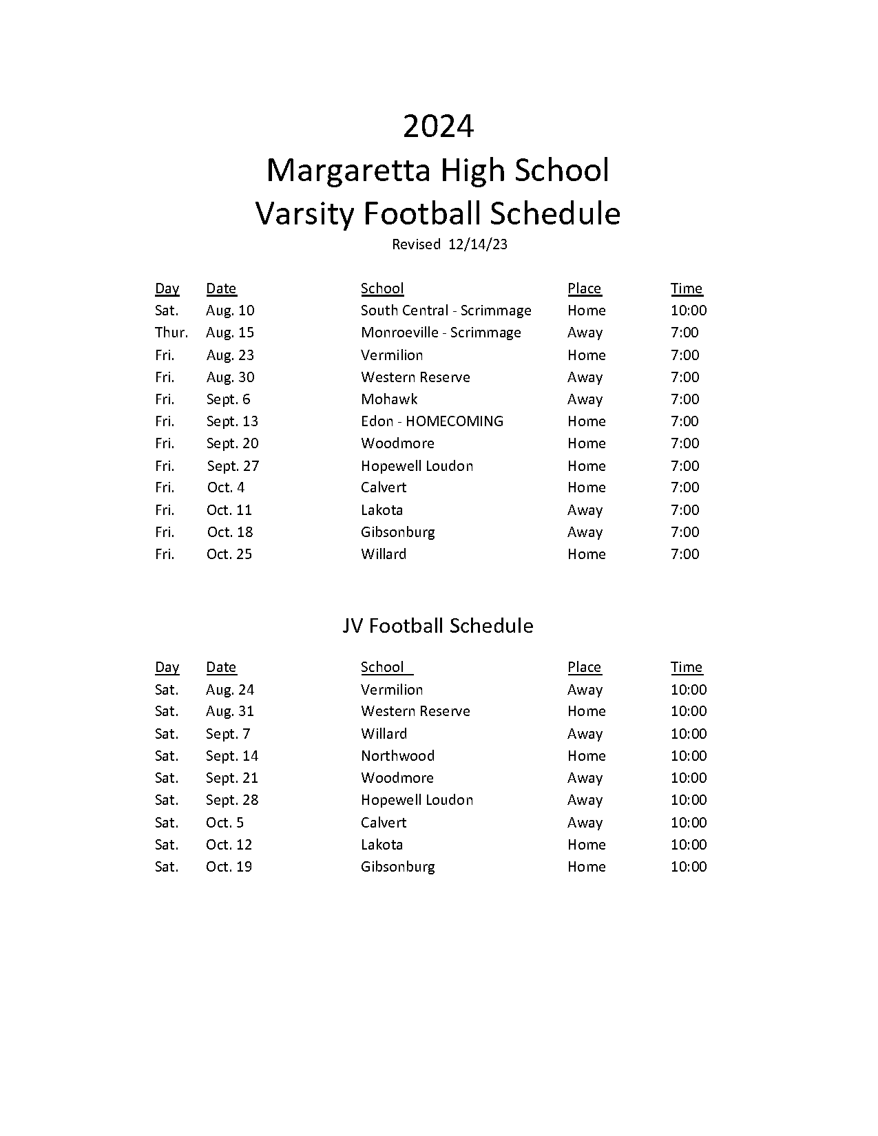 south central football schedule