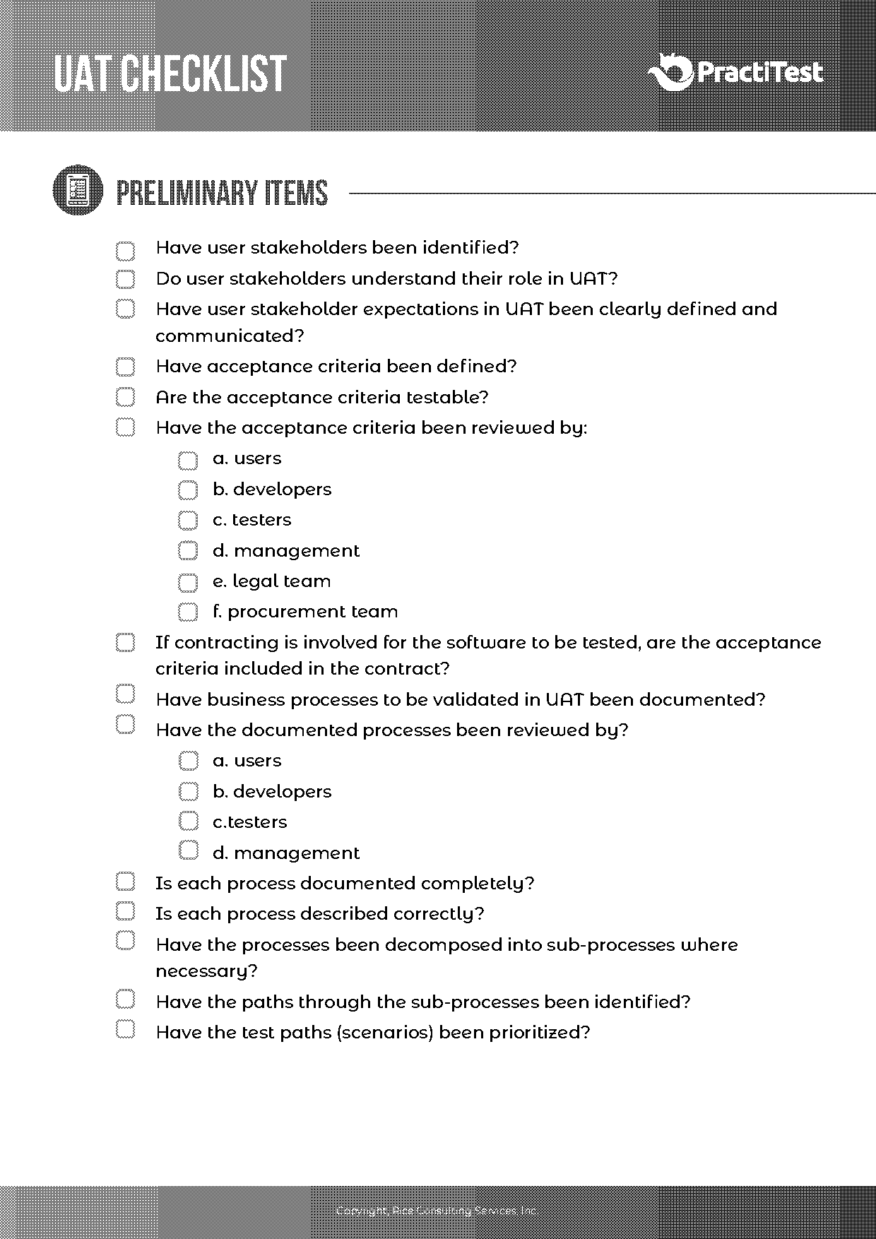 test entry criteria checklist