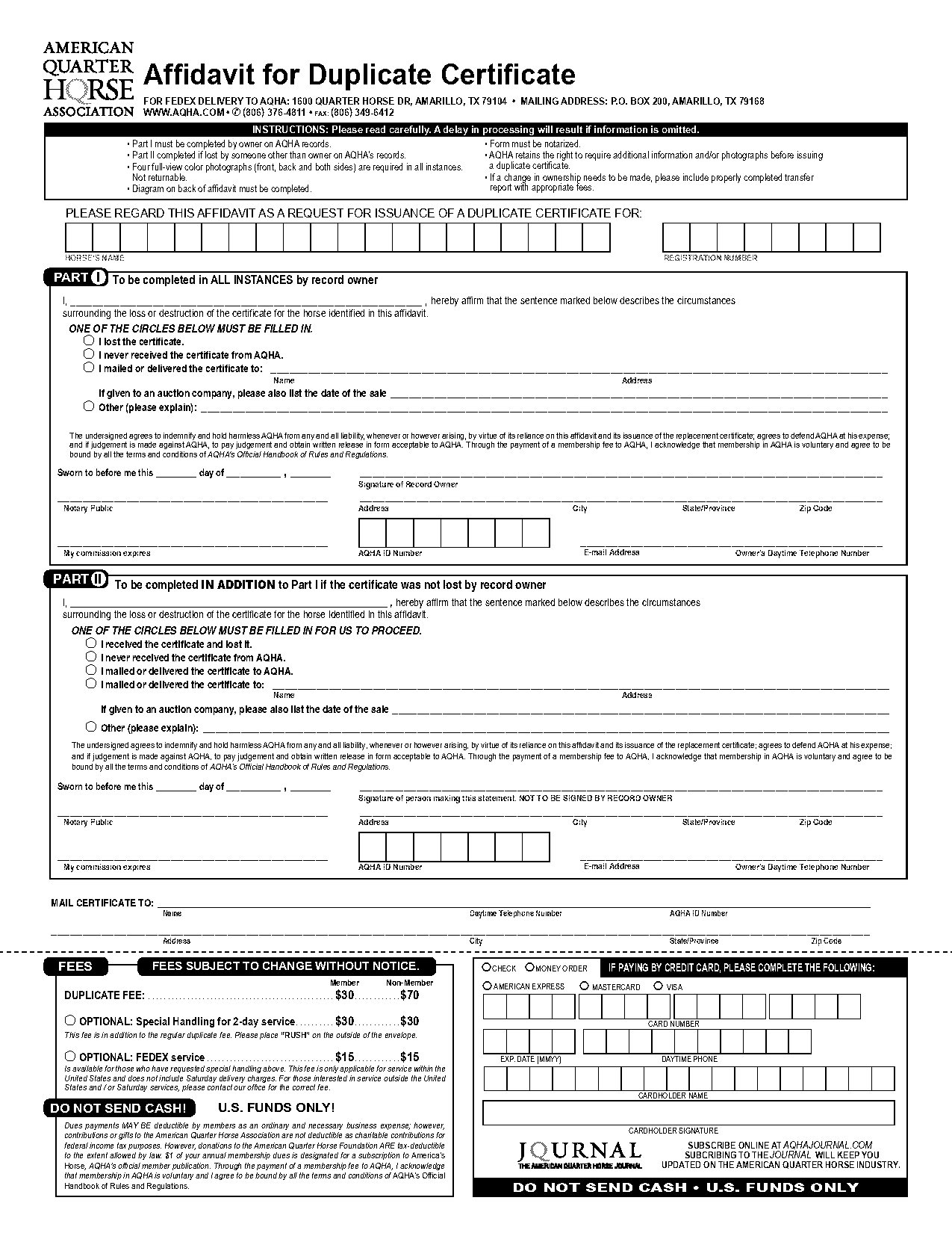 aqha duplicate certificate form