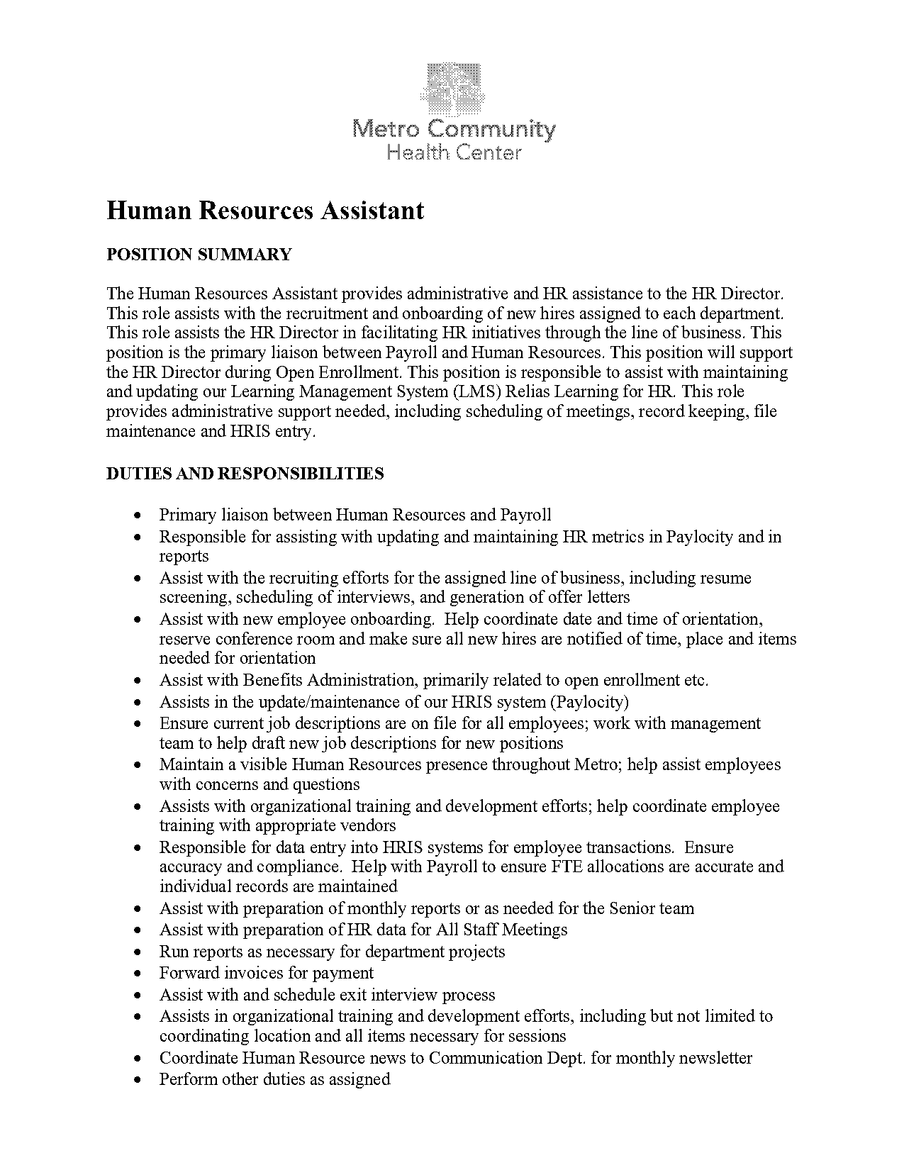 resume summary for human resource assistant