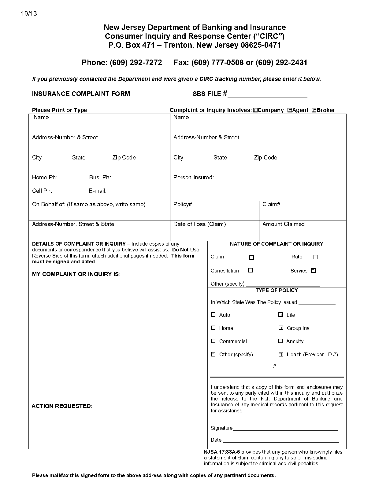 insurance commissioner criminal complaint