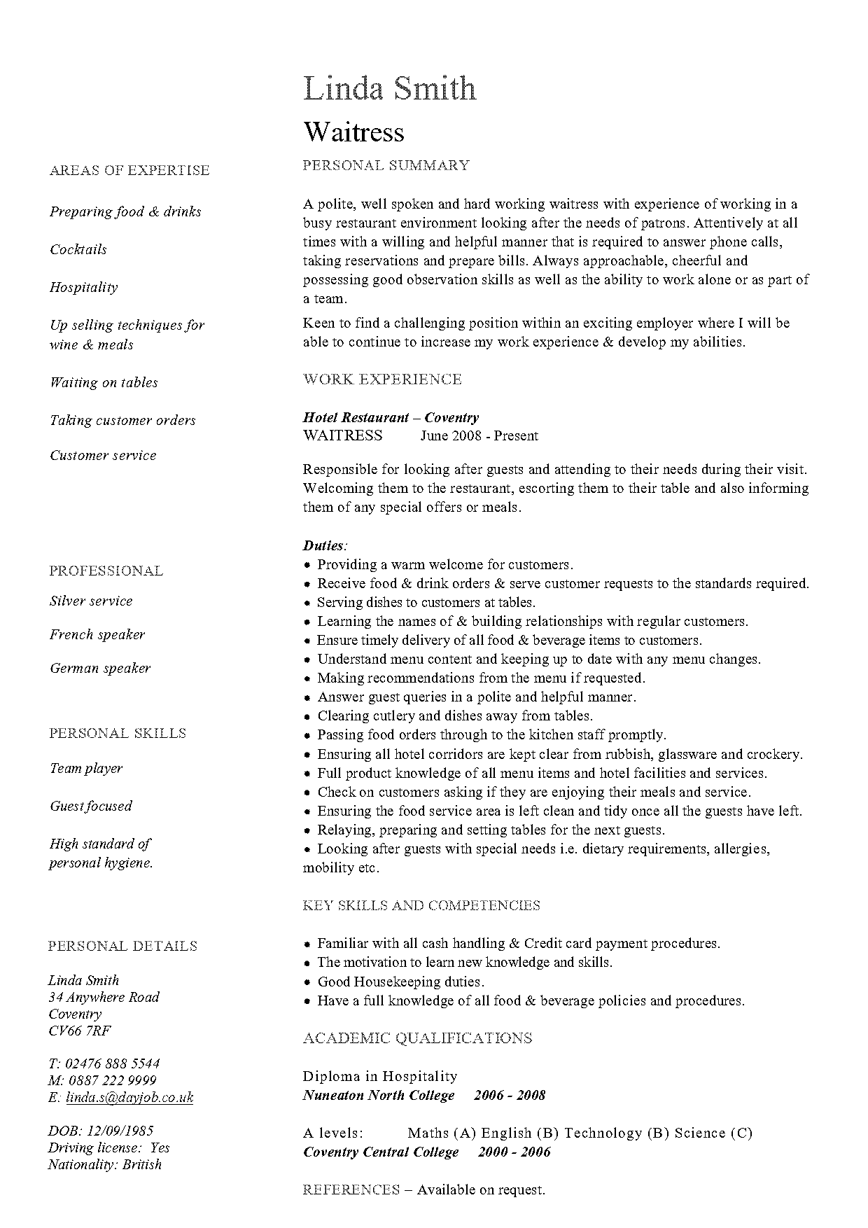 waitress responsibilities resume examples