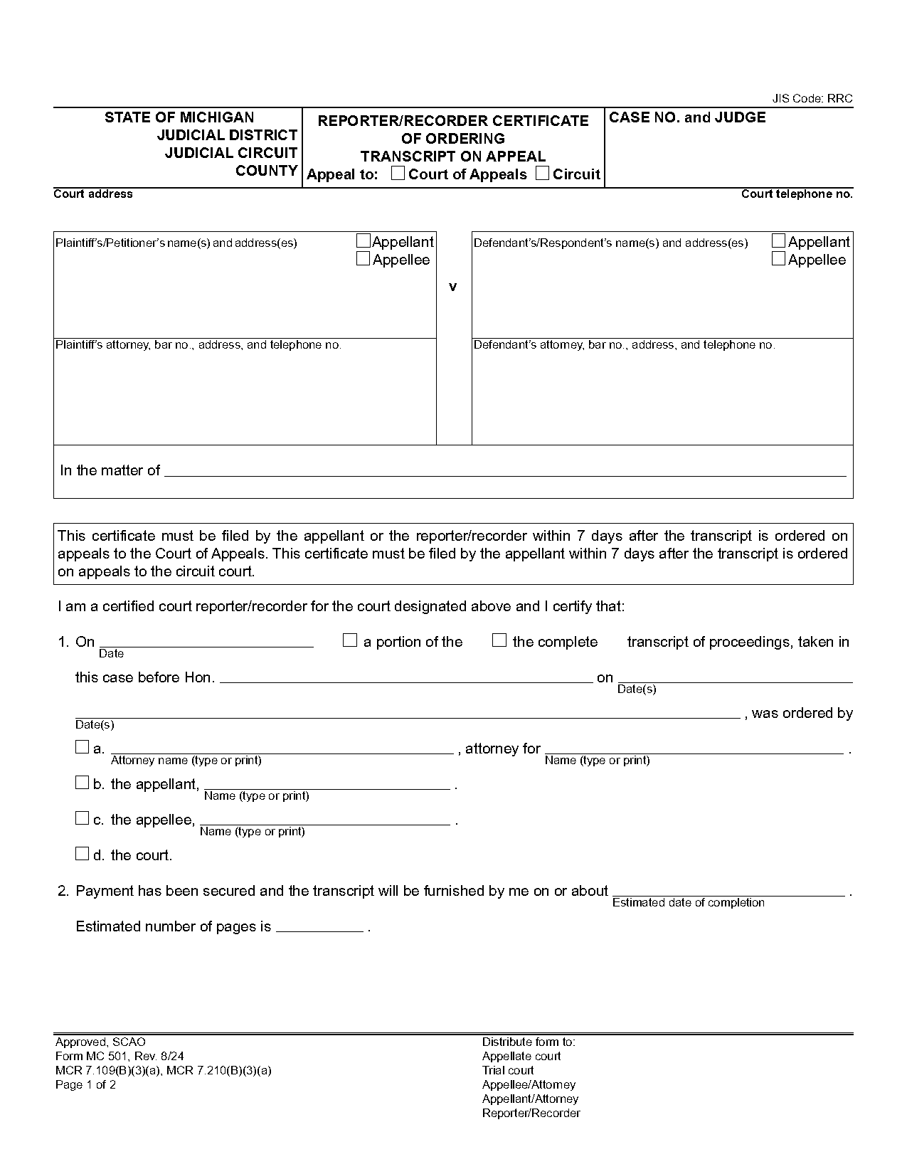 reporter recorder certificate of ordering of transcript on appeal