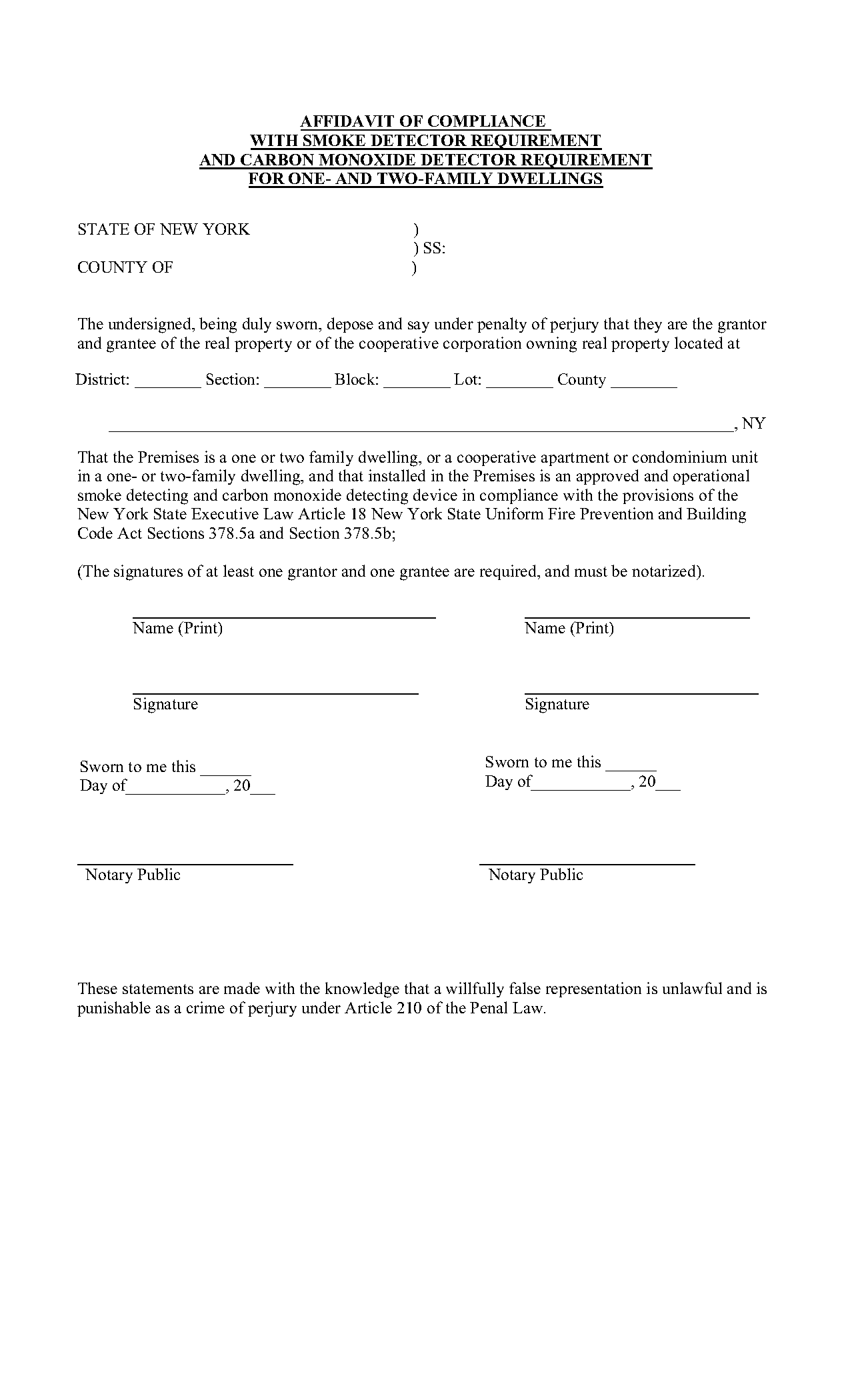 affidavit of compliance with smoke detector requirement new york