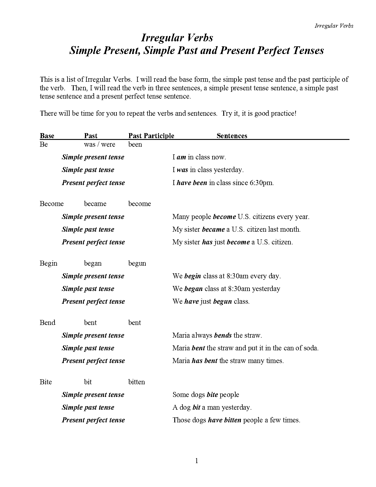 past and present tense words list