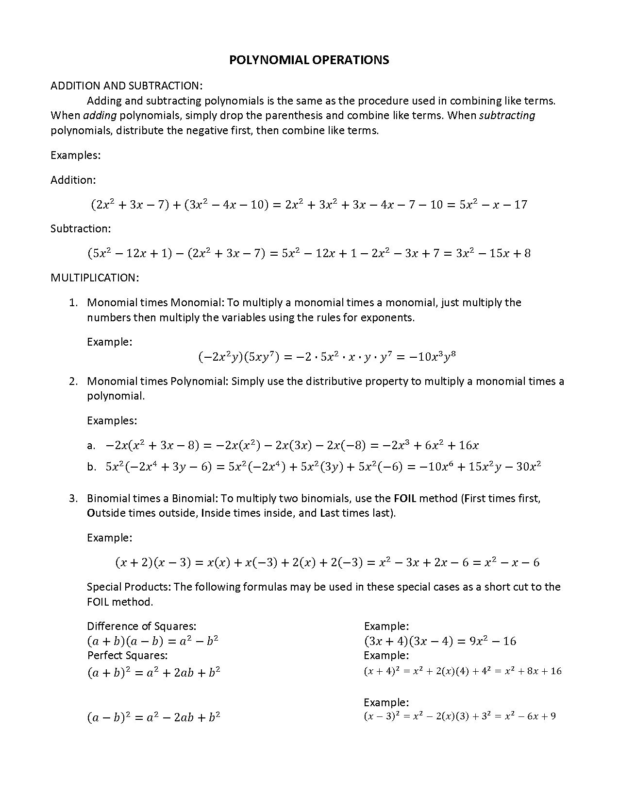 subtracting and adding polynomials worksheet