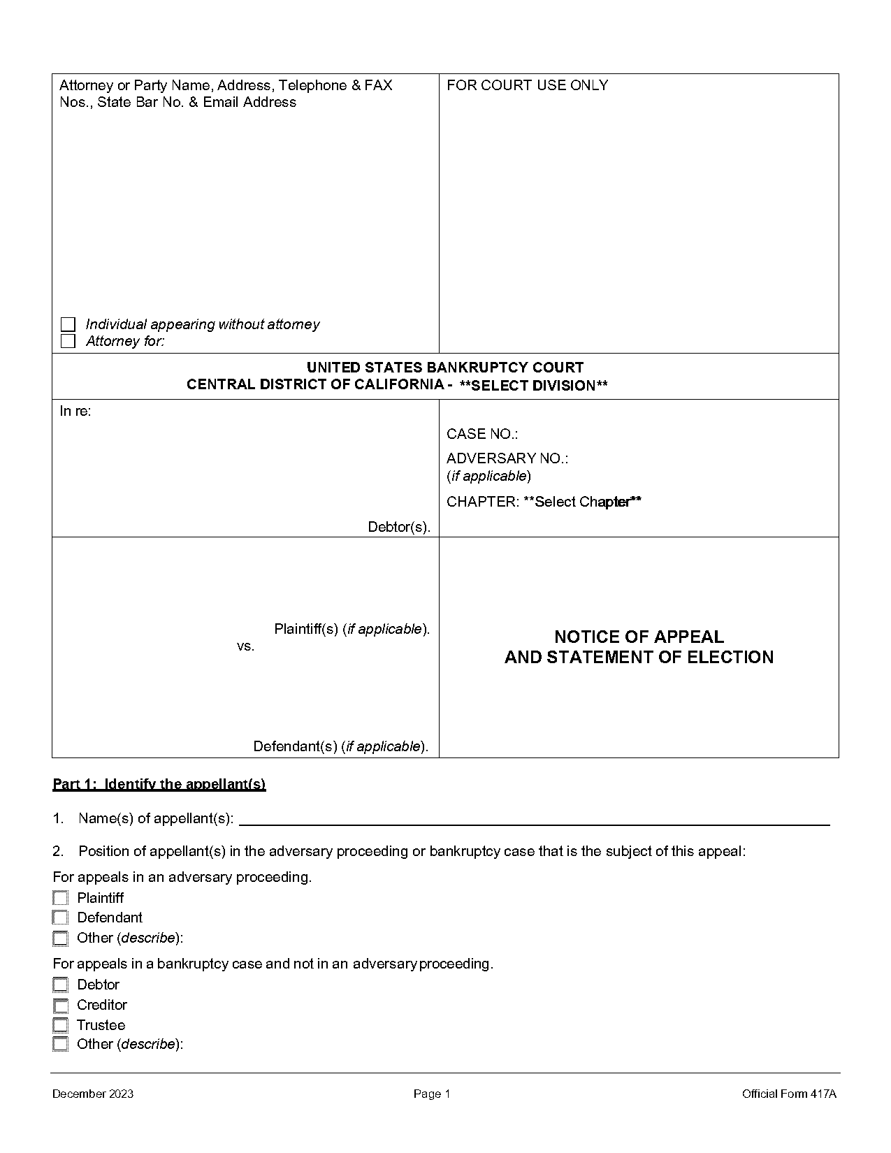 official form notice of appeal bankruptcy