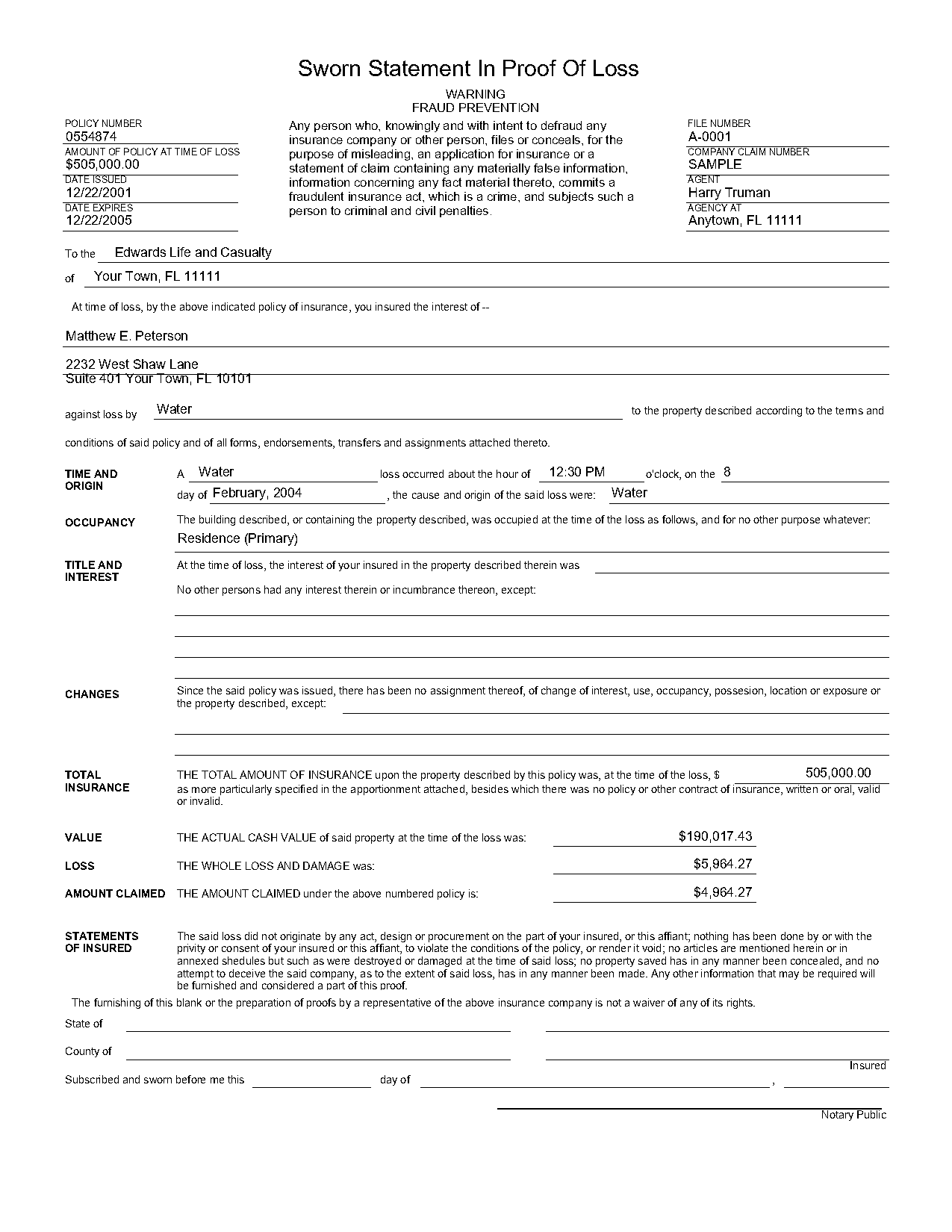 proof of loss form sample