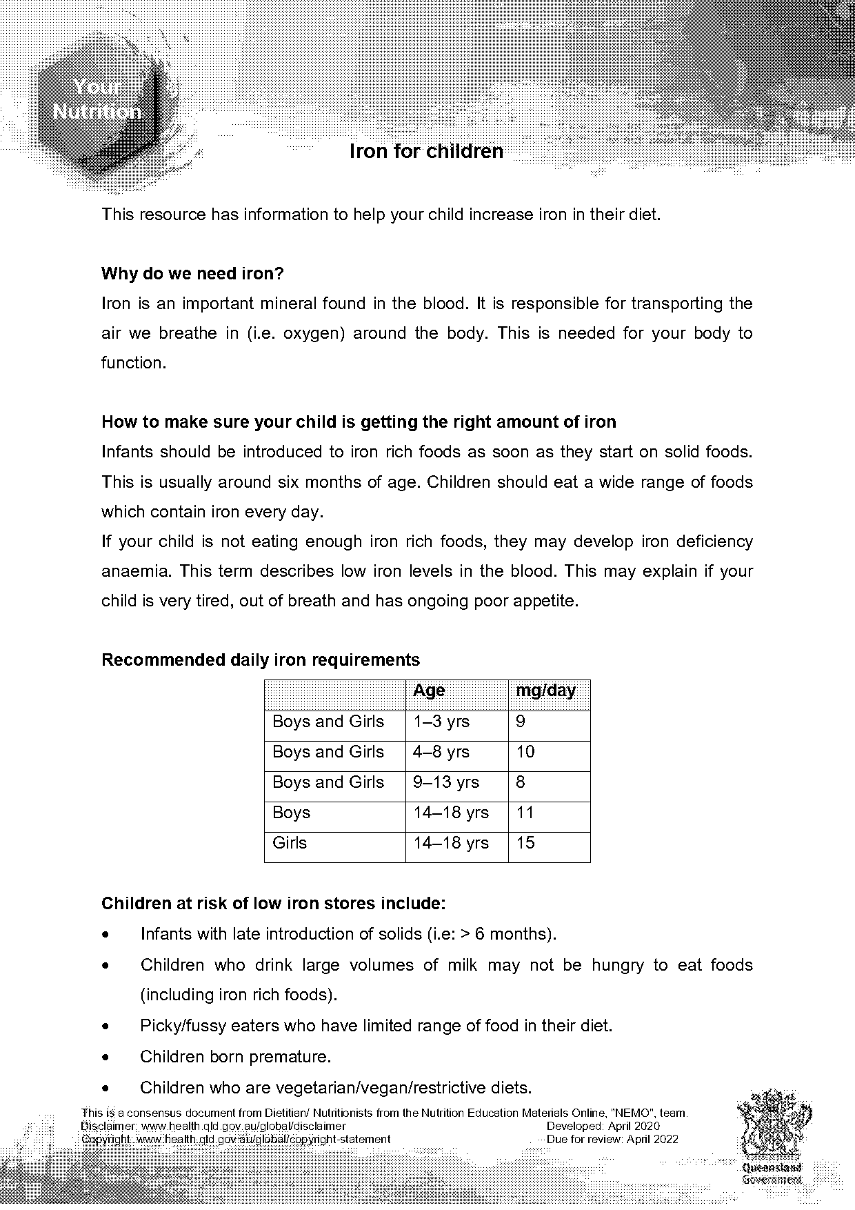 recommended daily iron intake for toddlers