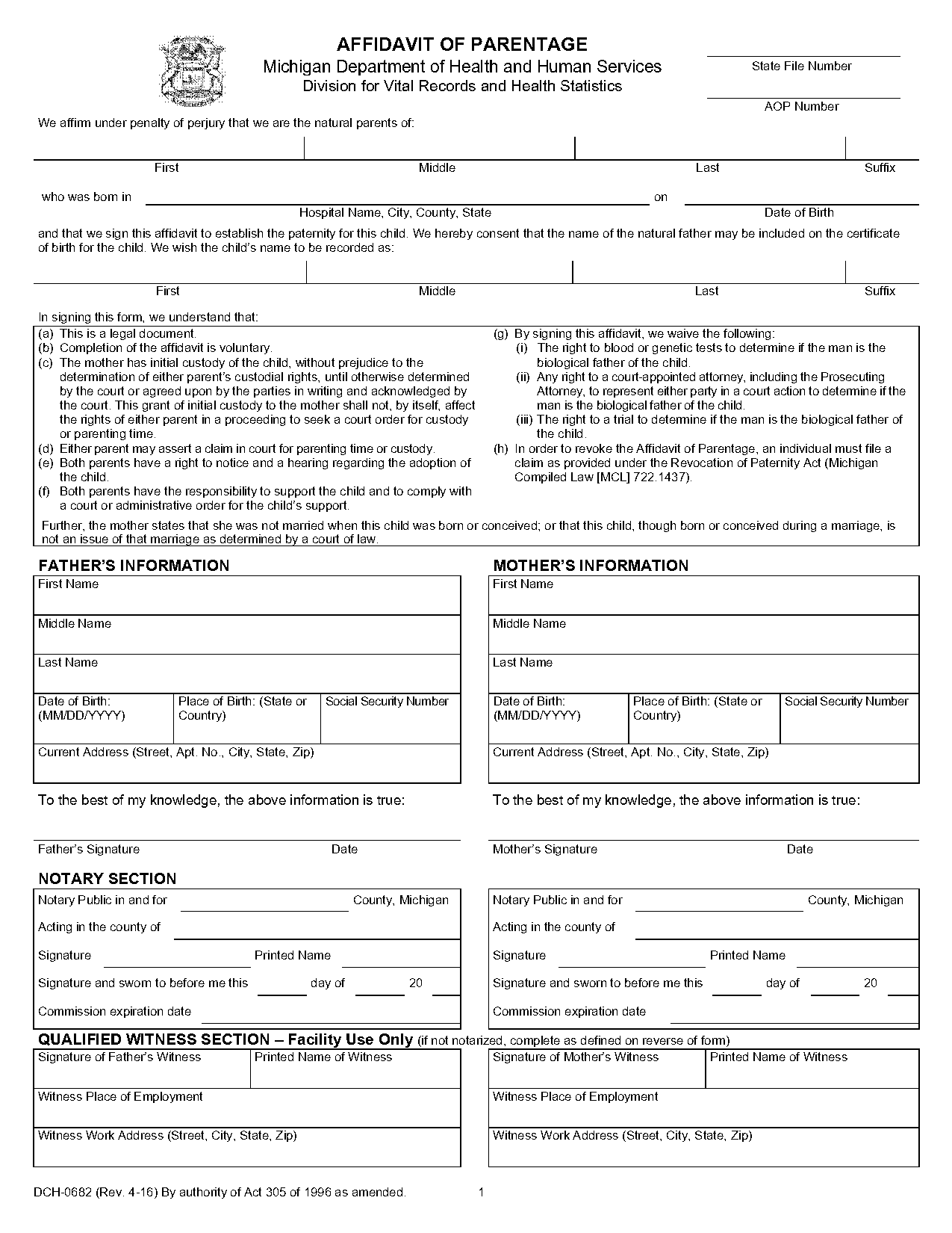 state of michigan affidavit of parentage