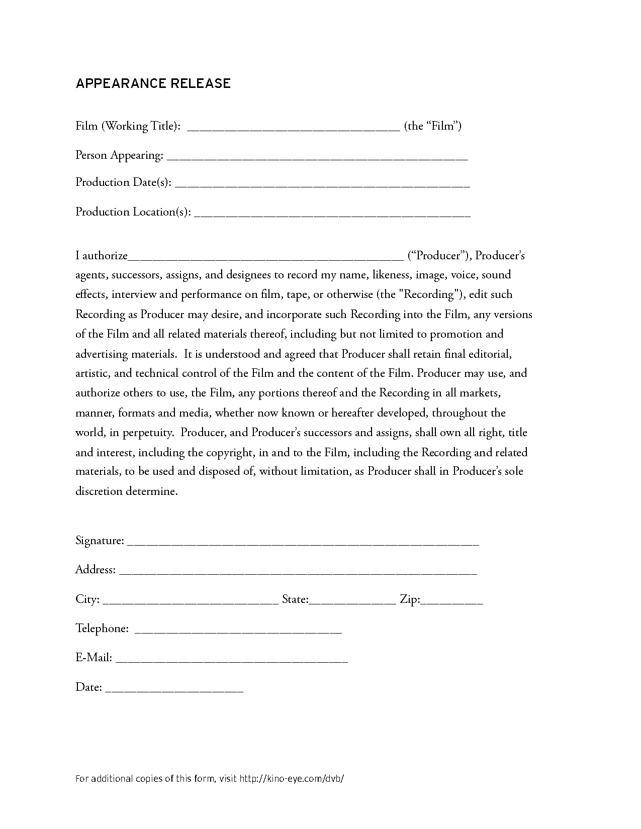 film extra release form template