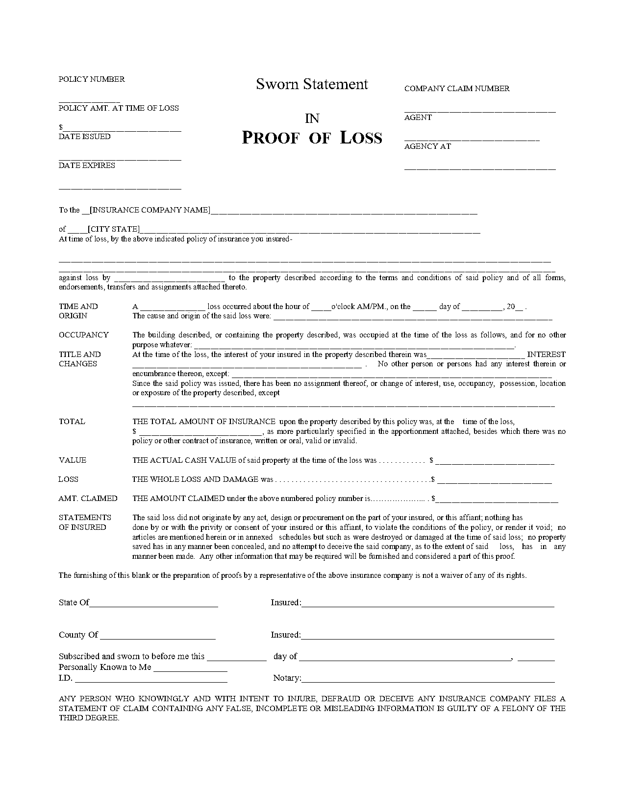 proof of loss form sample