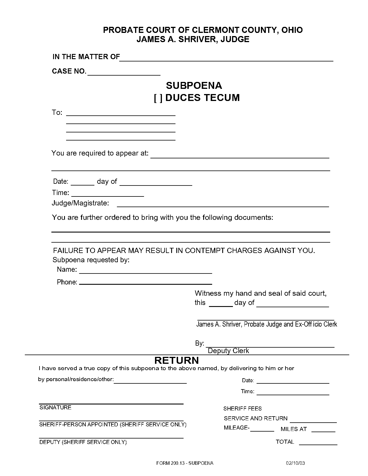 blank subpoena form ohio