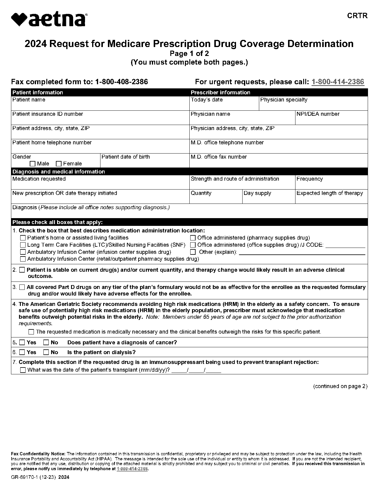 aetna medicare part d coverage determination request form