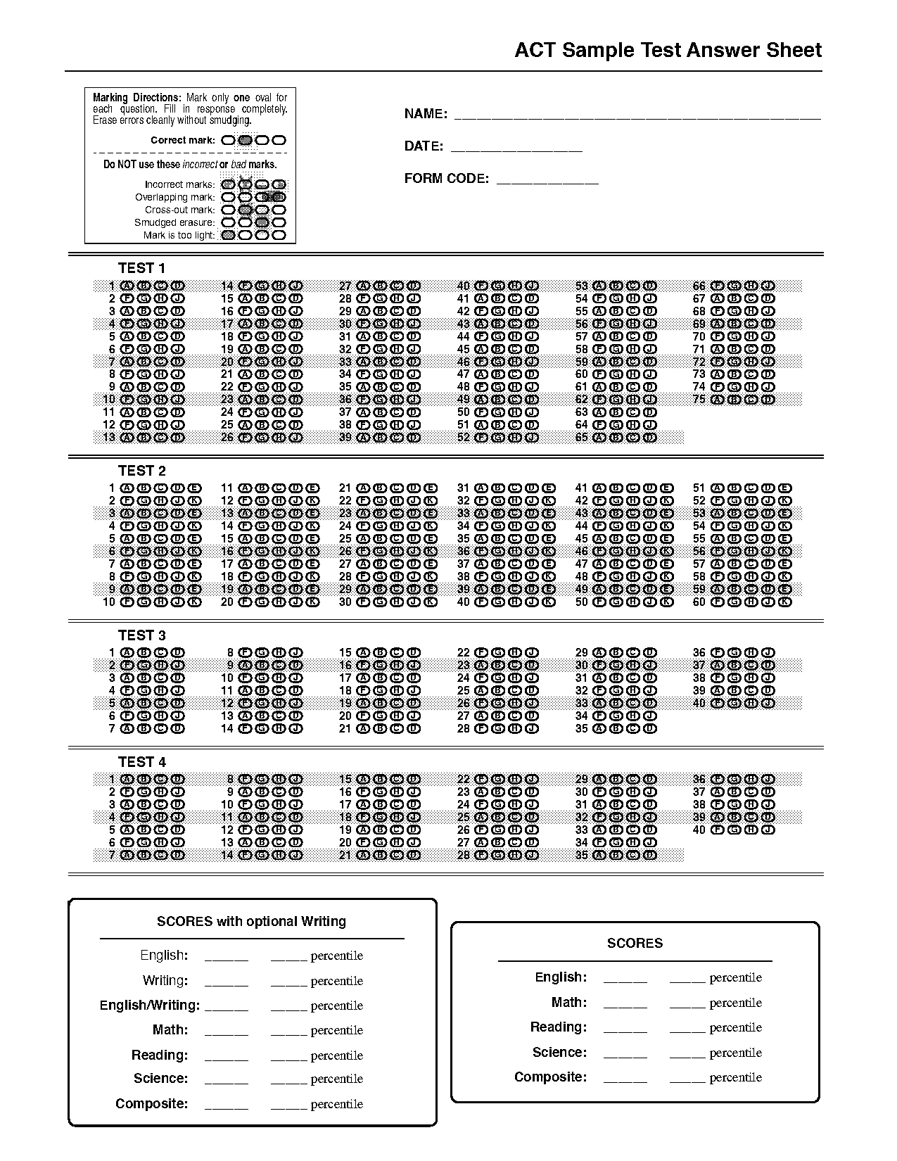 printable act practice answer page