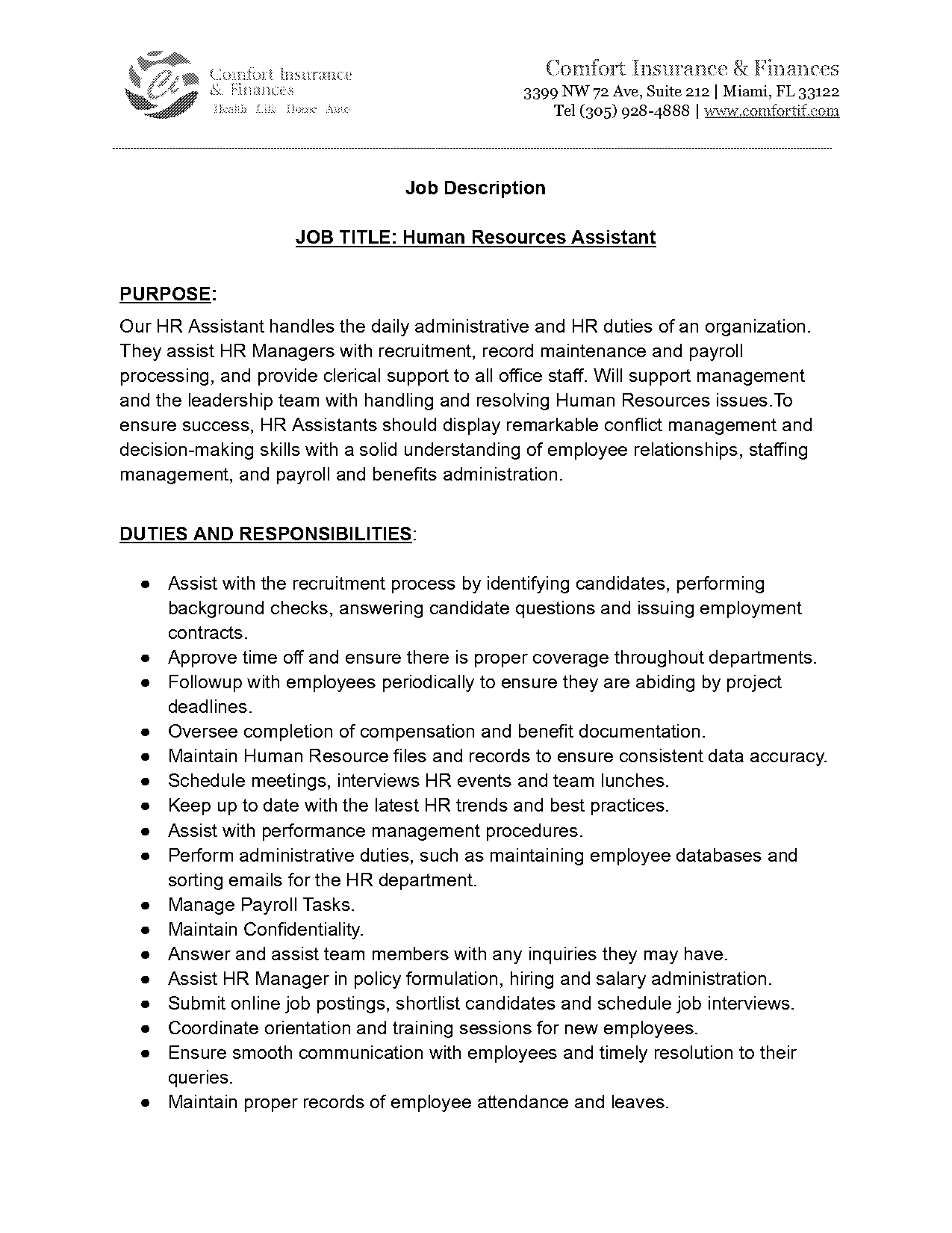 resume summary for human resource assistant