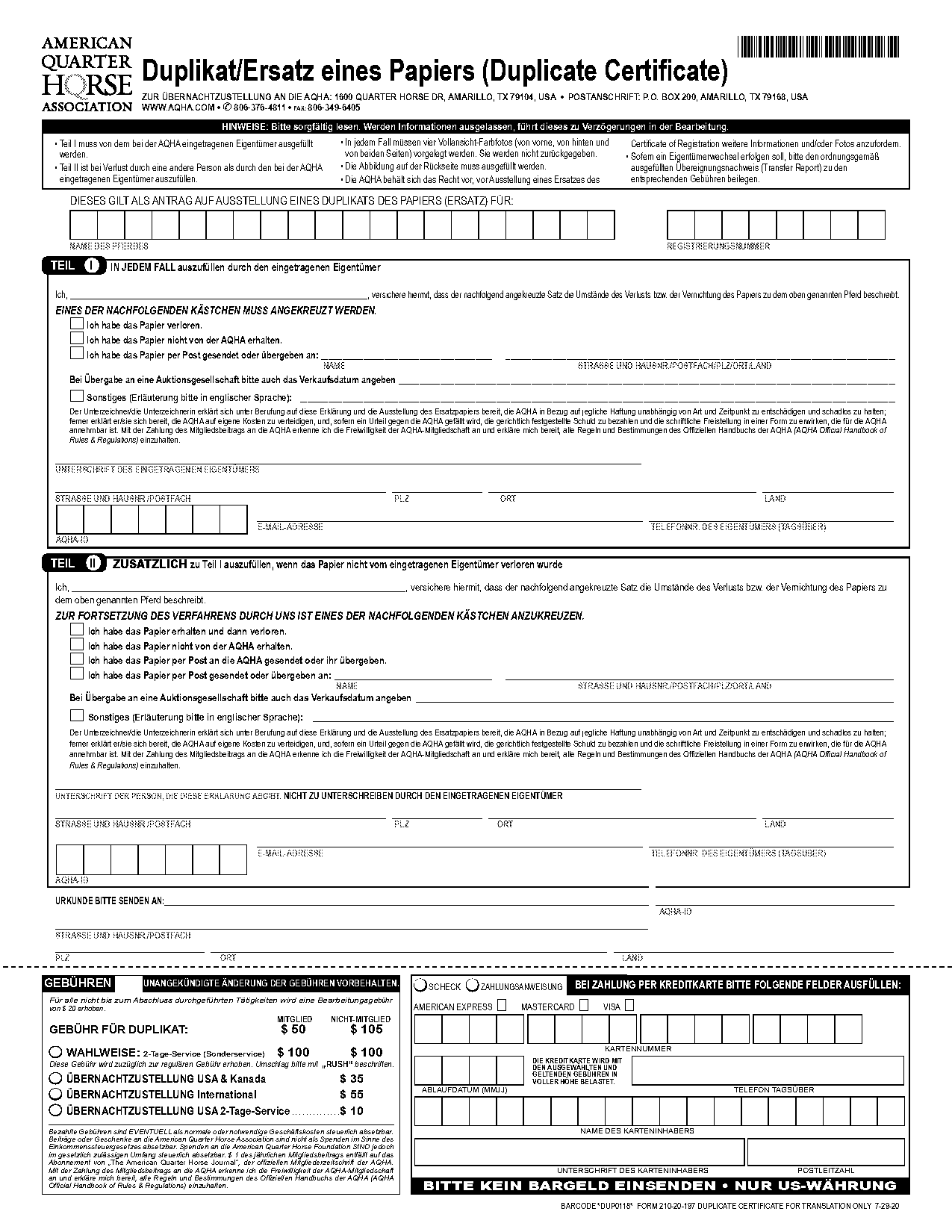 aqha duplicate certificate form