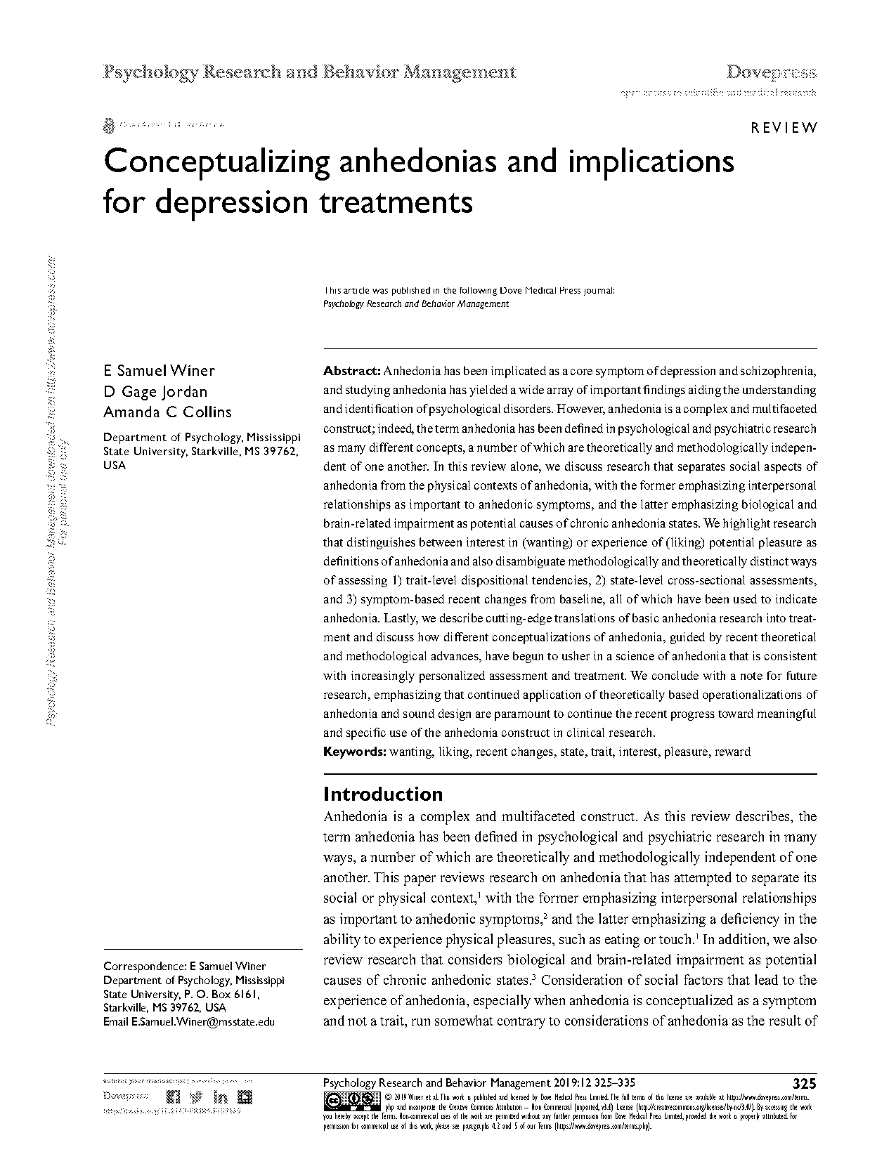 anhedonia a comprehensive handbook