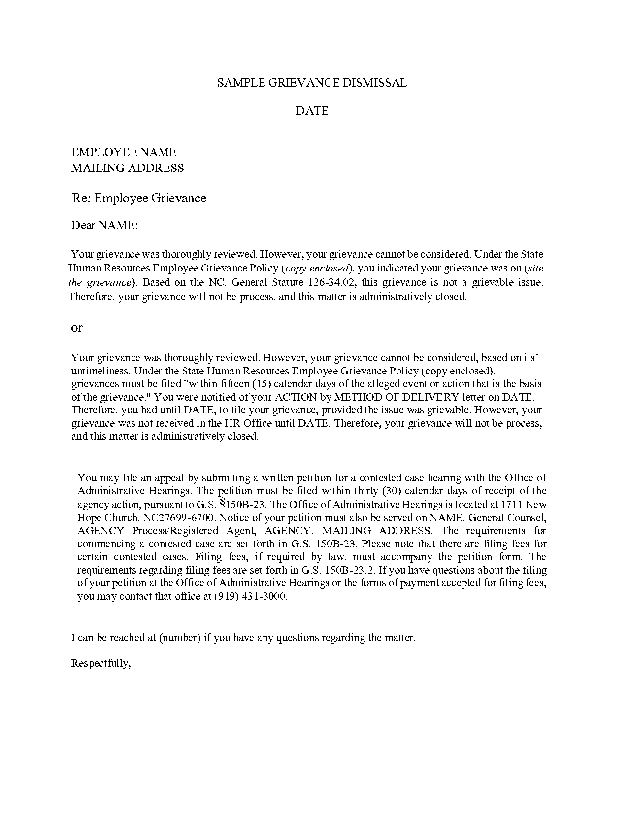 grievance letter template for employee