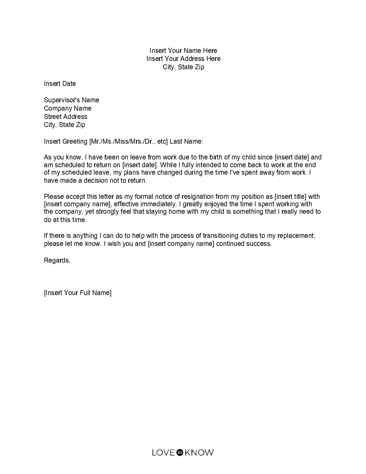 notice after maternity leave letter