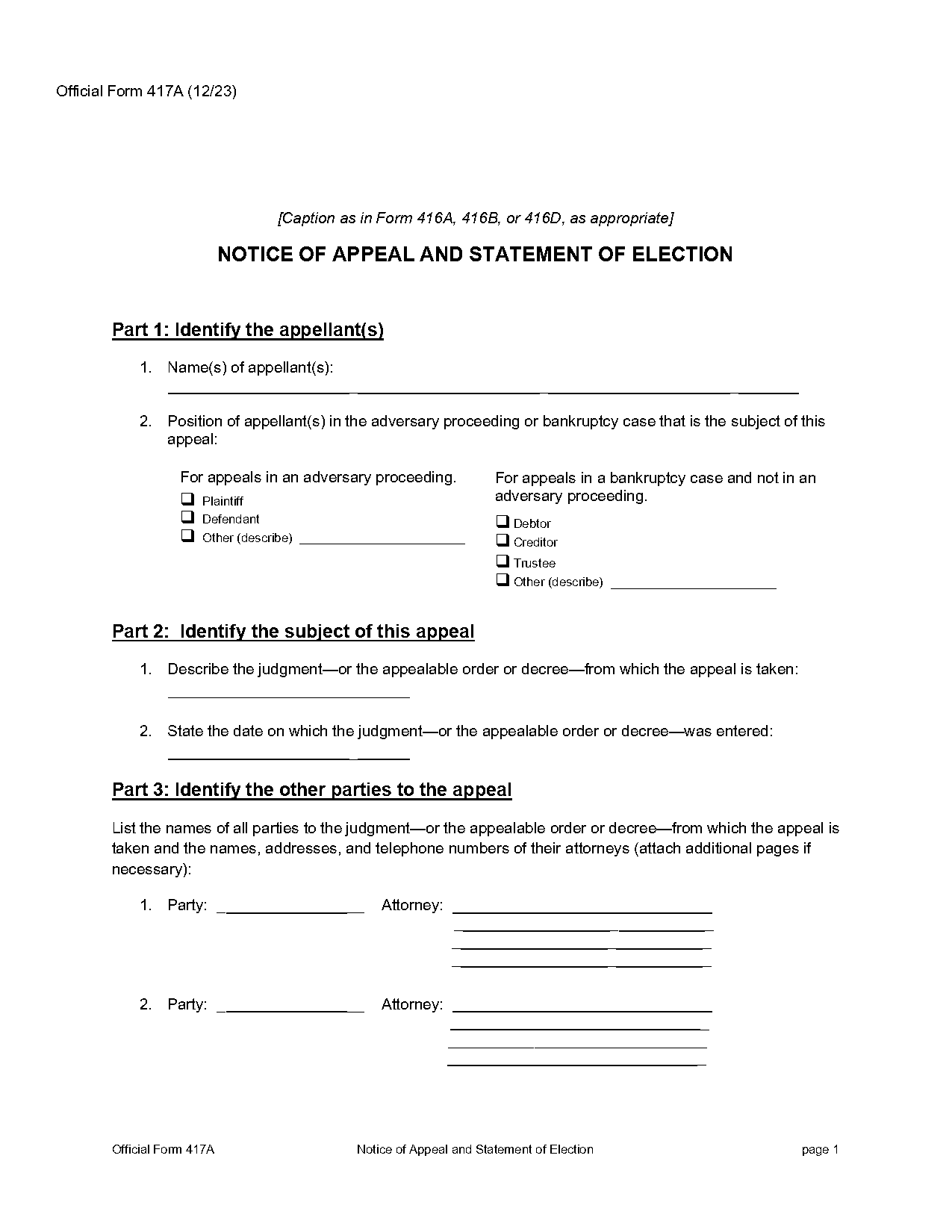 official form notice of appeal bankruptcy