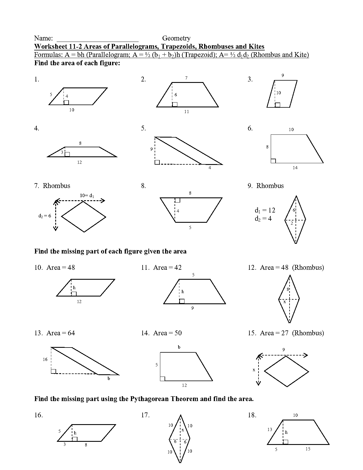 geometry area of parallelogram worksheet