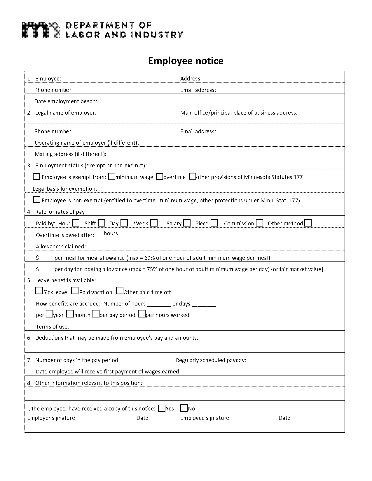 sample employment notice form