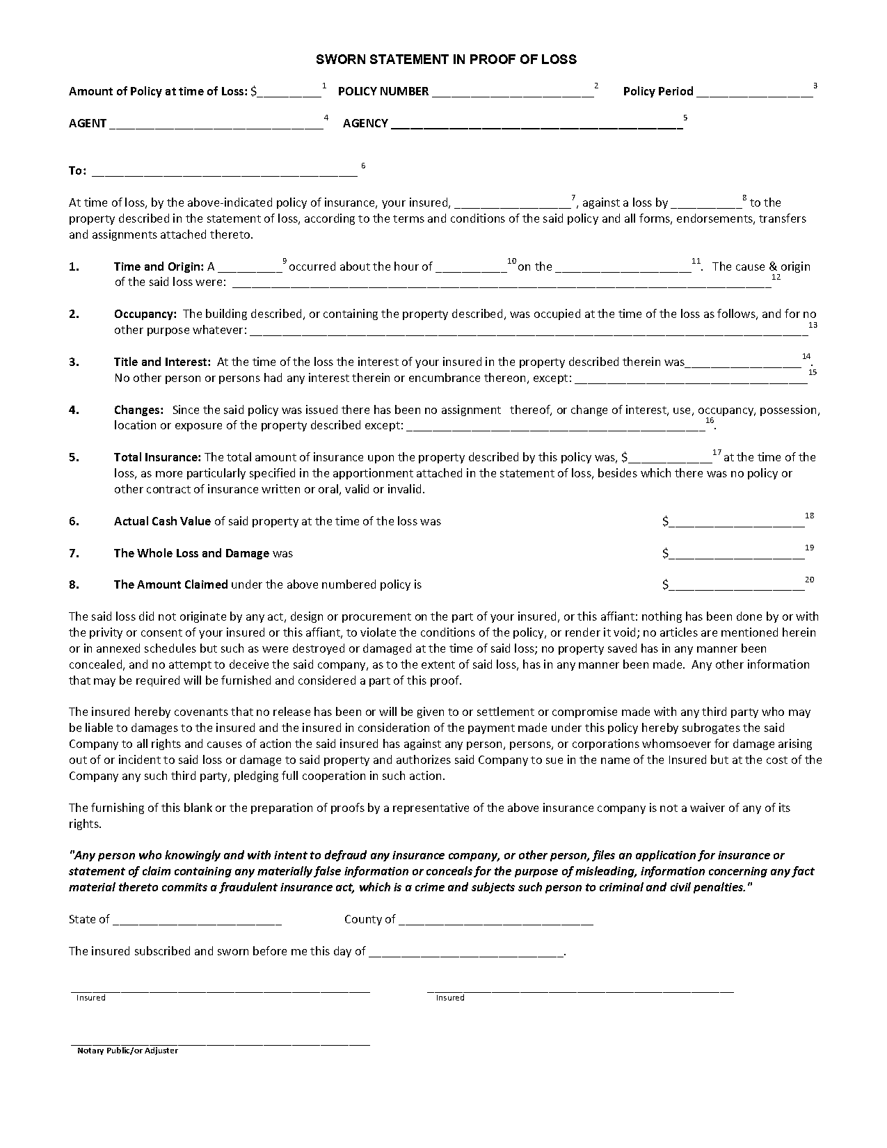 proof of loss form sample