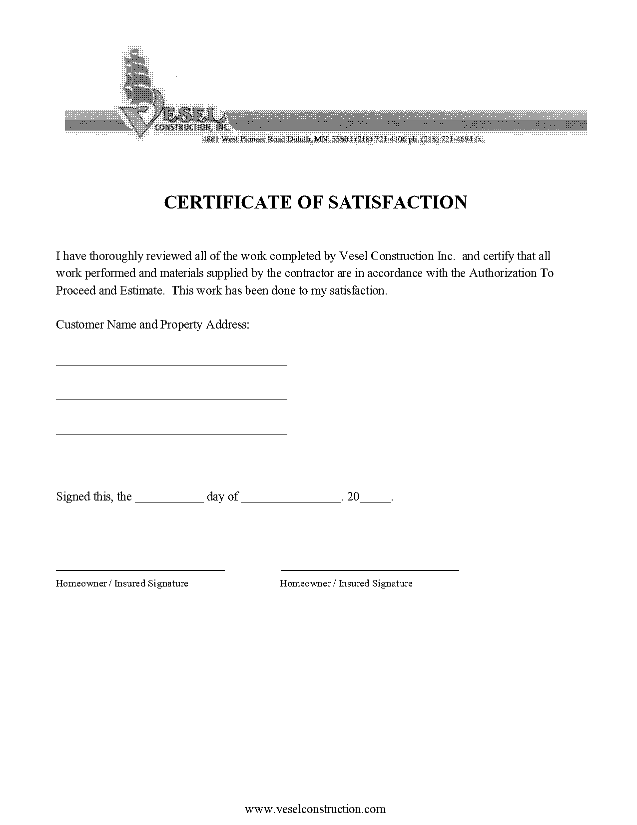 certificate of satisfaction template