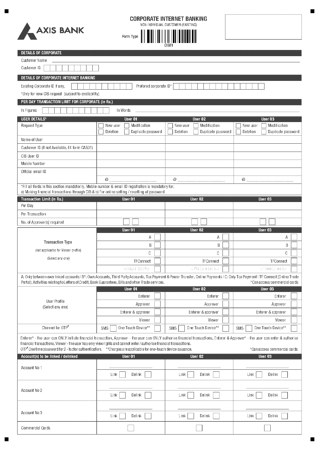 axis bank form for internet banking