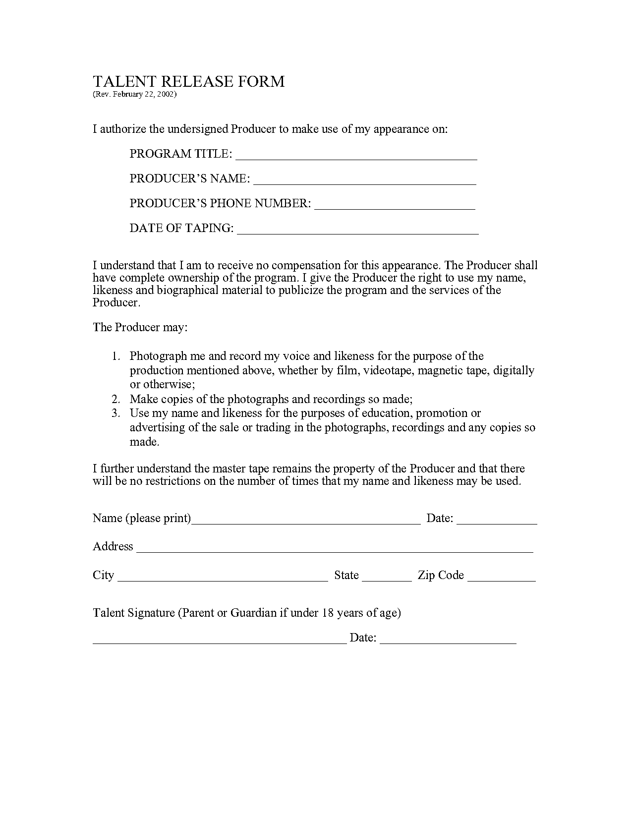 film extra release form template