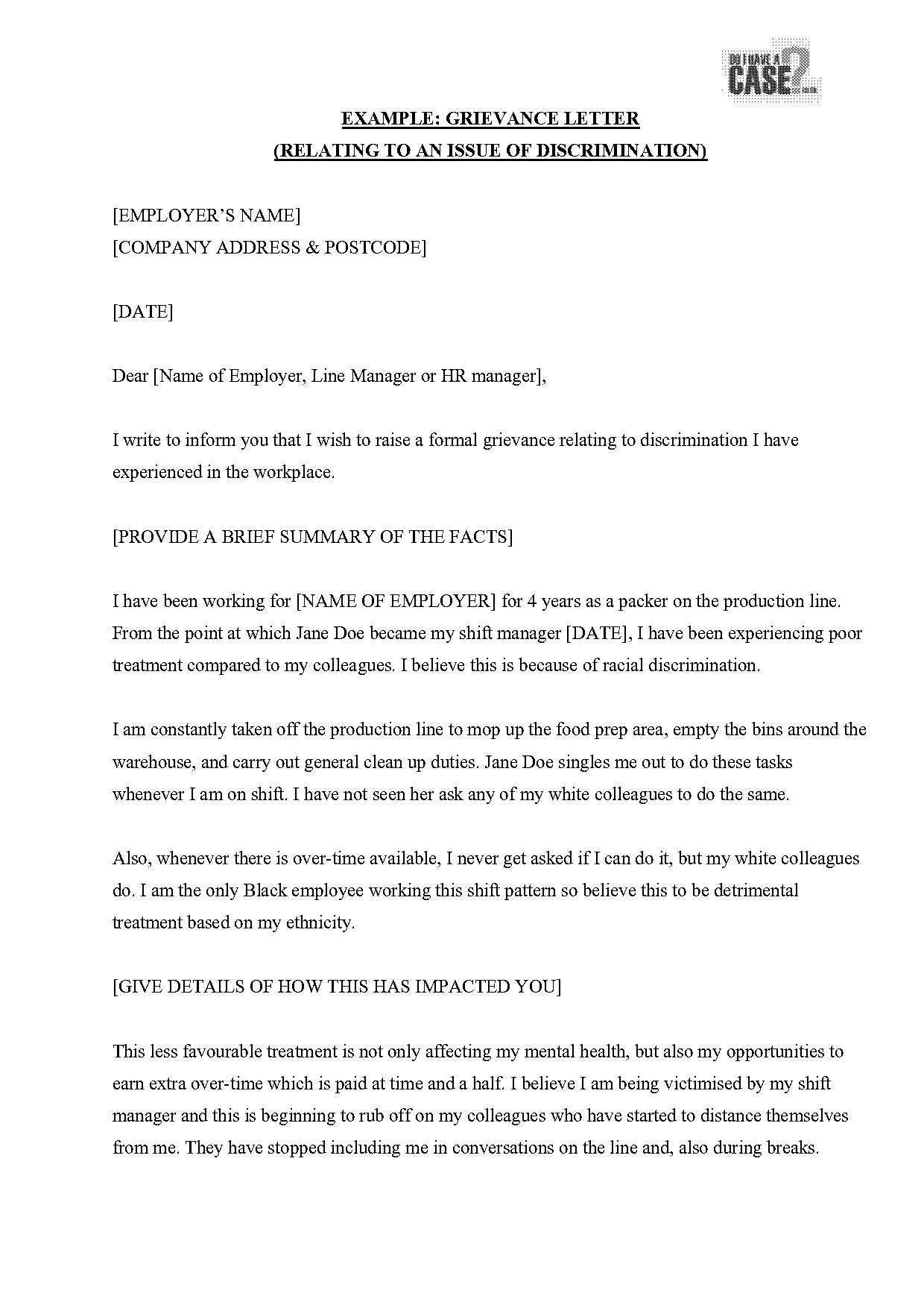 grievance letter template for employee