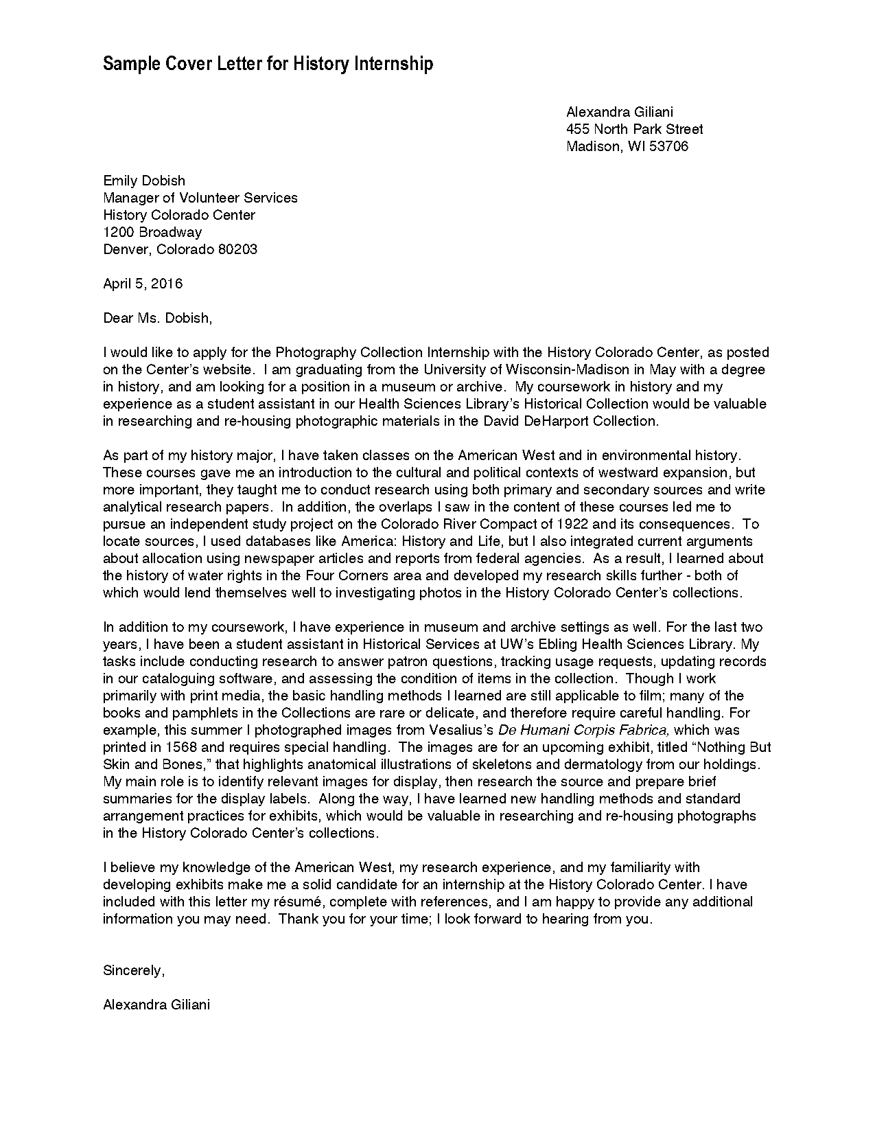 cover letter for an internship sample