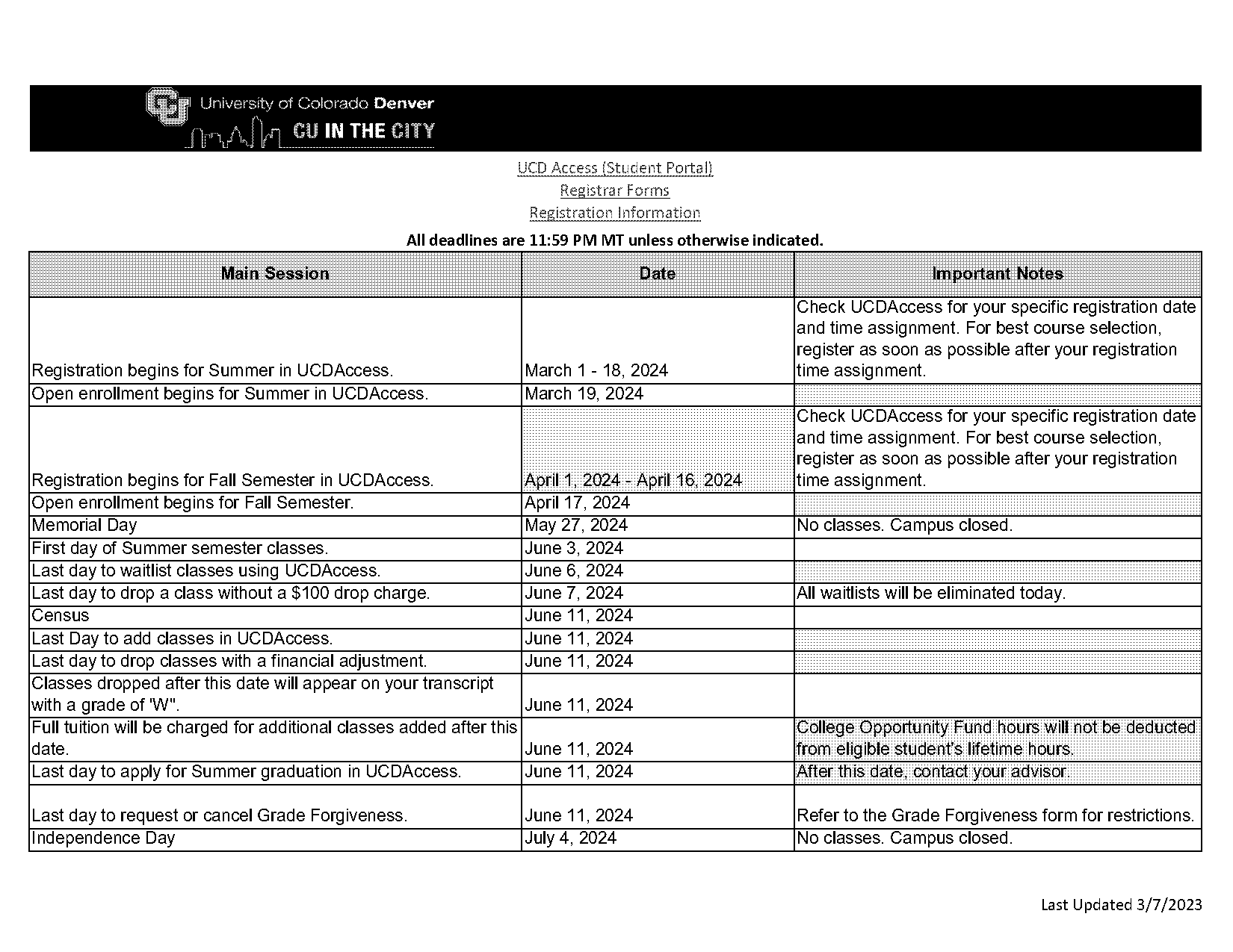 cu denver summer class schedule