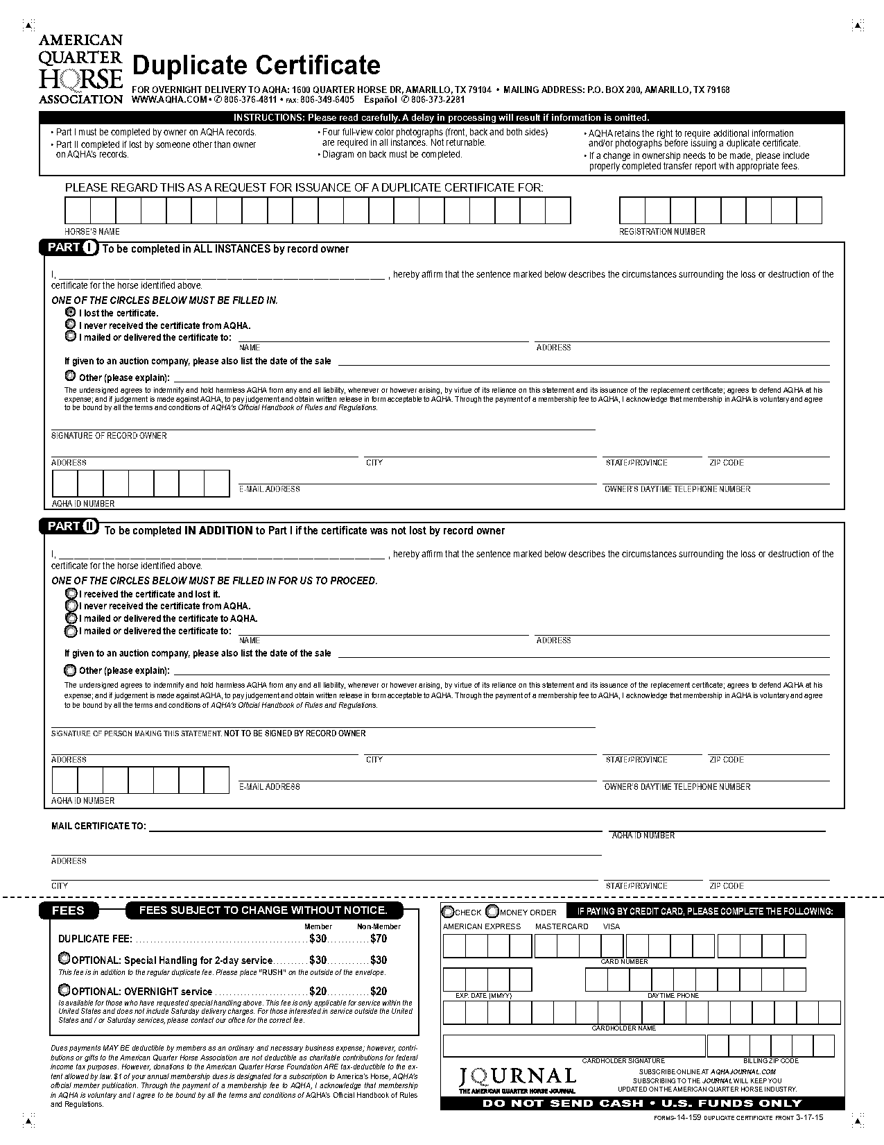 aqha duplicate certificate form