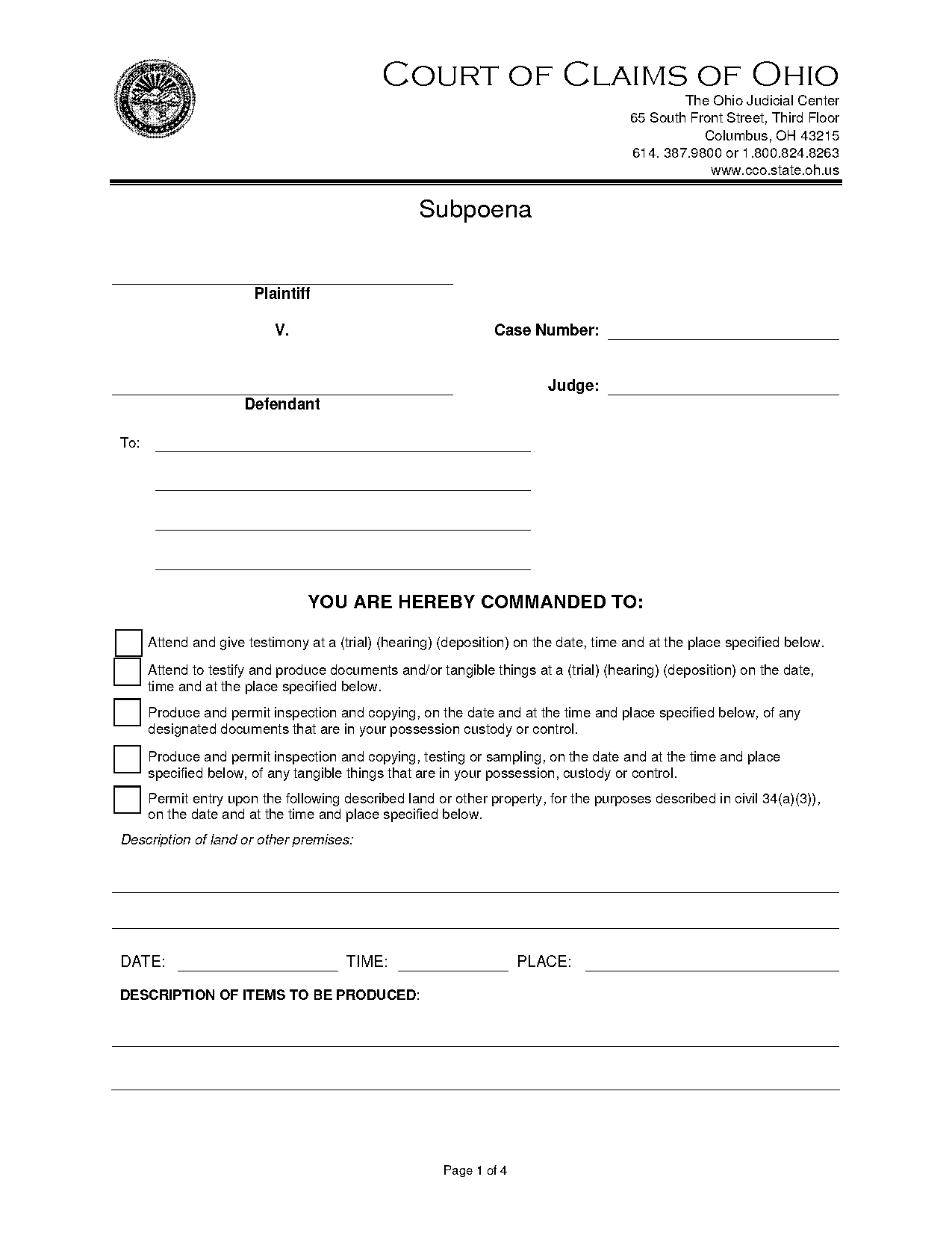 blank subpoena form ohio